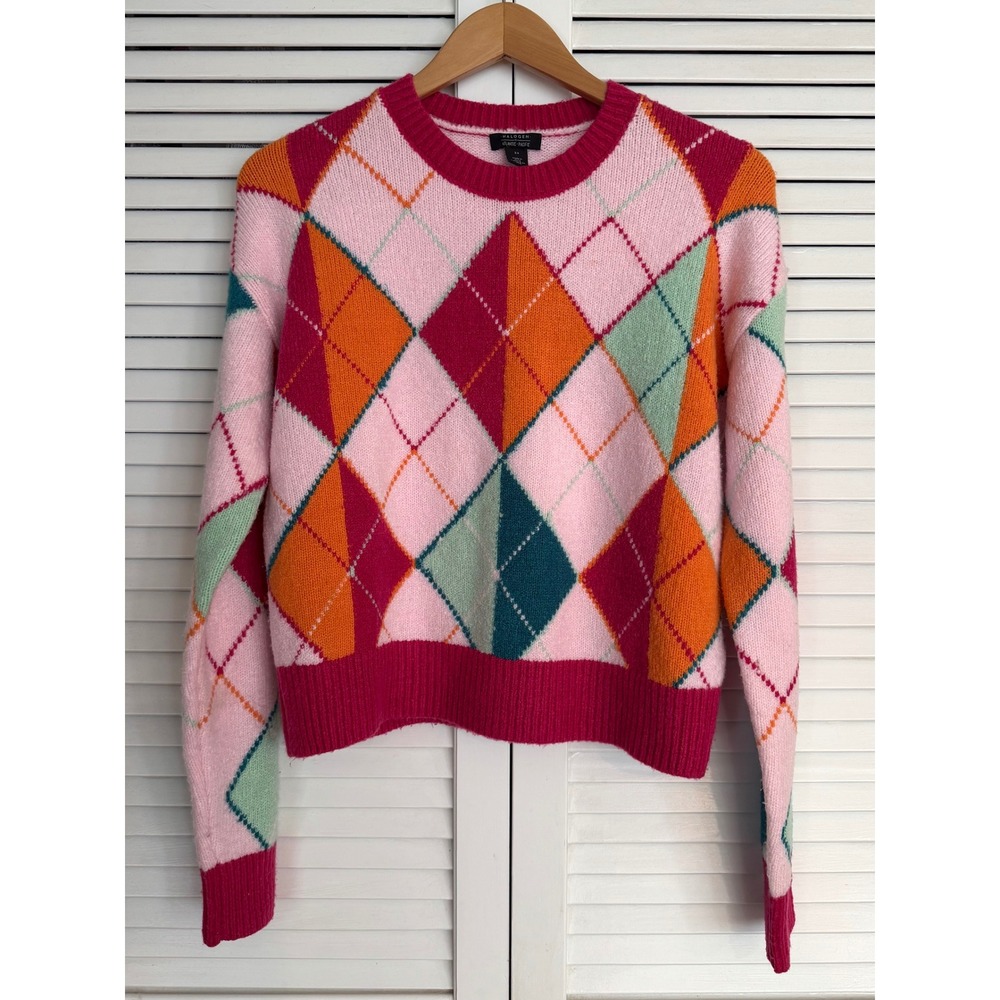 Halogen x Atlantic-Pacific Pink Orange Teal Argyle Crewneck Sweater XS